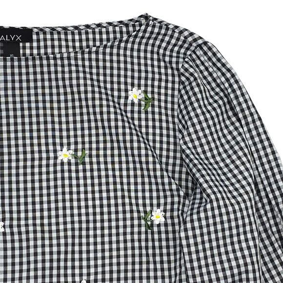 ALYX Blouse Womens XL White Black Split Bell Sleeve Checker Floral - Picture 3 of 12